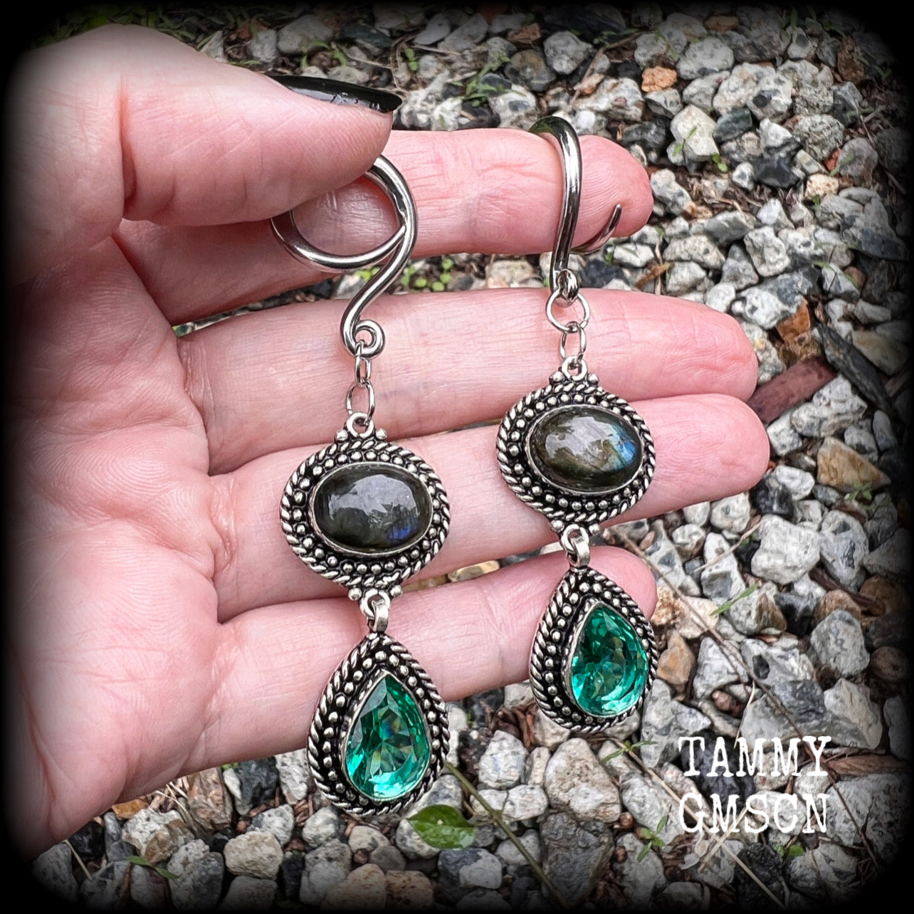 Beautiful labradorite and blue topaz gemstone in an antique silver setting, made on a gauged hook for stretched lobes, available on a range of hooks and clasps for pierced ears.