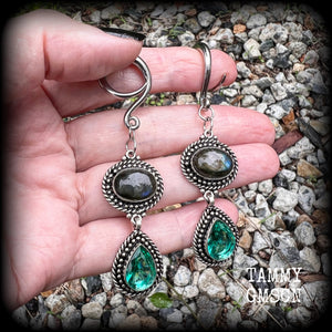 Beautiful labradorite and blue topaz gemstone in an antique silver setting, made on a gauged hook for stretched lobes, available on a range of hooks and clasps for pierced ears.