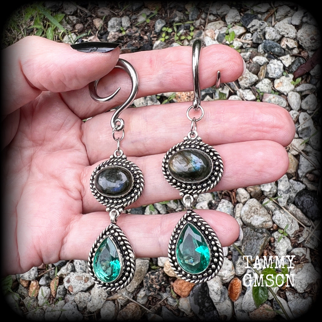 Beautiful labradorite and blue topaz gemstone in an antique silver setting, made on a gauged hook for stretched lobes, available on a range of hooks and clasps for pierced ears.