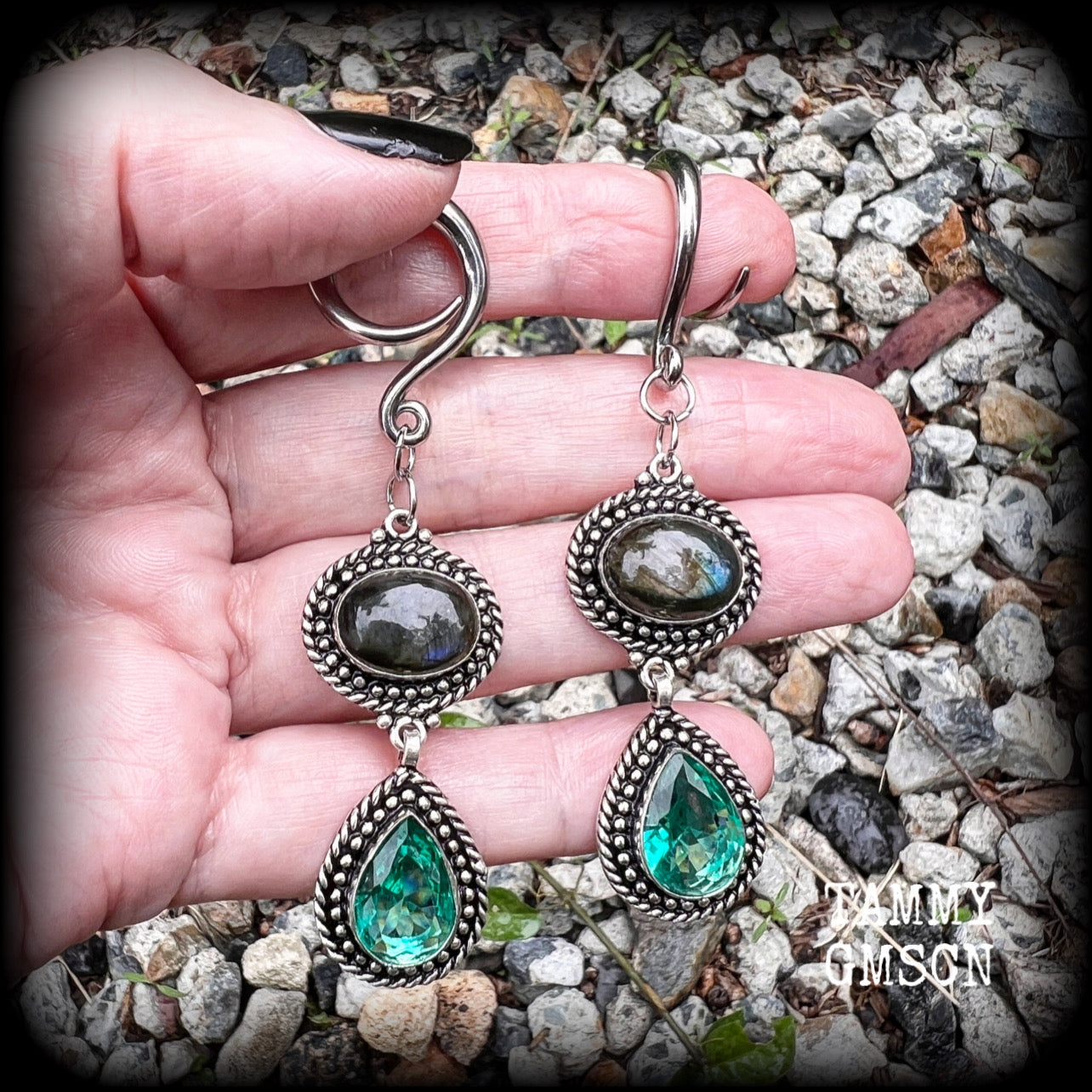 Beautiful labradorite and blue topaz gemstone in an antique silver setting, made on a gauged hook for stretched lobes, available on a range of hooks and clasps for pierced ears.