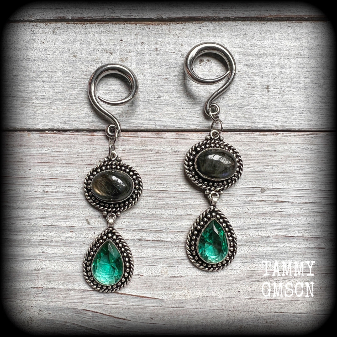 Labradorite and topaz gauged earrings-Hanging gauges