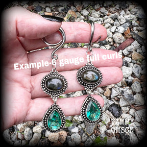 Beautiful labradorite and blue topaz gemstone in an antique silver setting, made on a gauged hook for stretched lobes, available on a range of hooks and clasps for pierced ears.