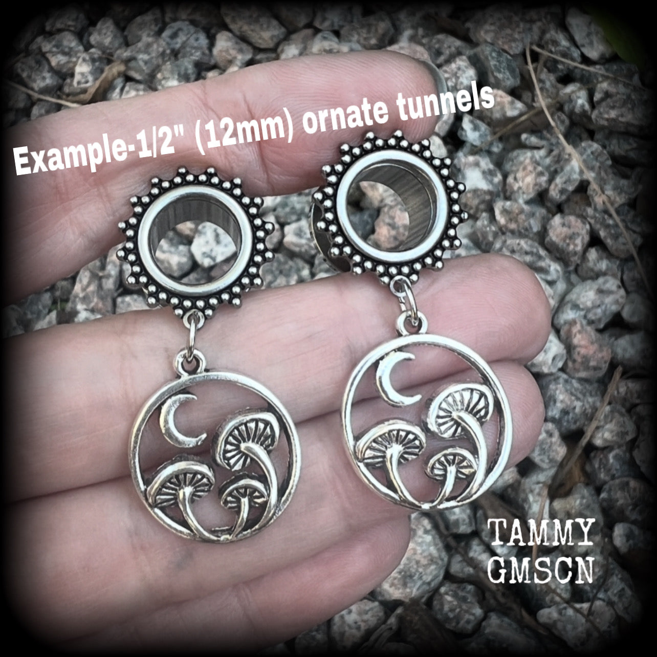 Fairycore mushroom tunnel earrings-Mossgoth crescent moon ear gauges