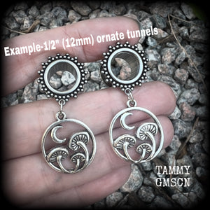 Fairycore mushroom tunnel earrings-Mossgoth crescent moon ear gauges