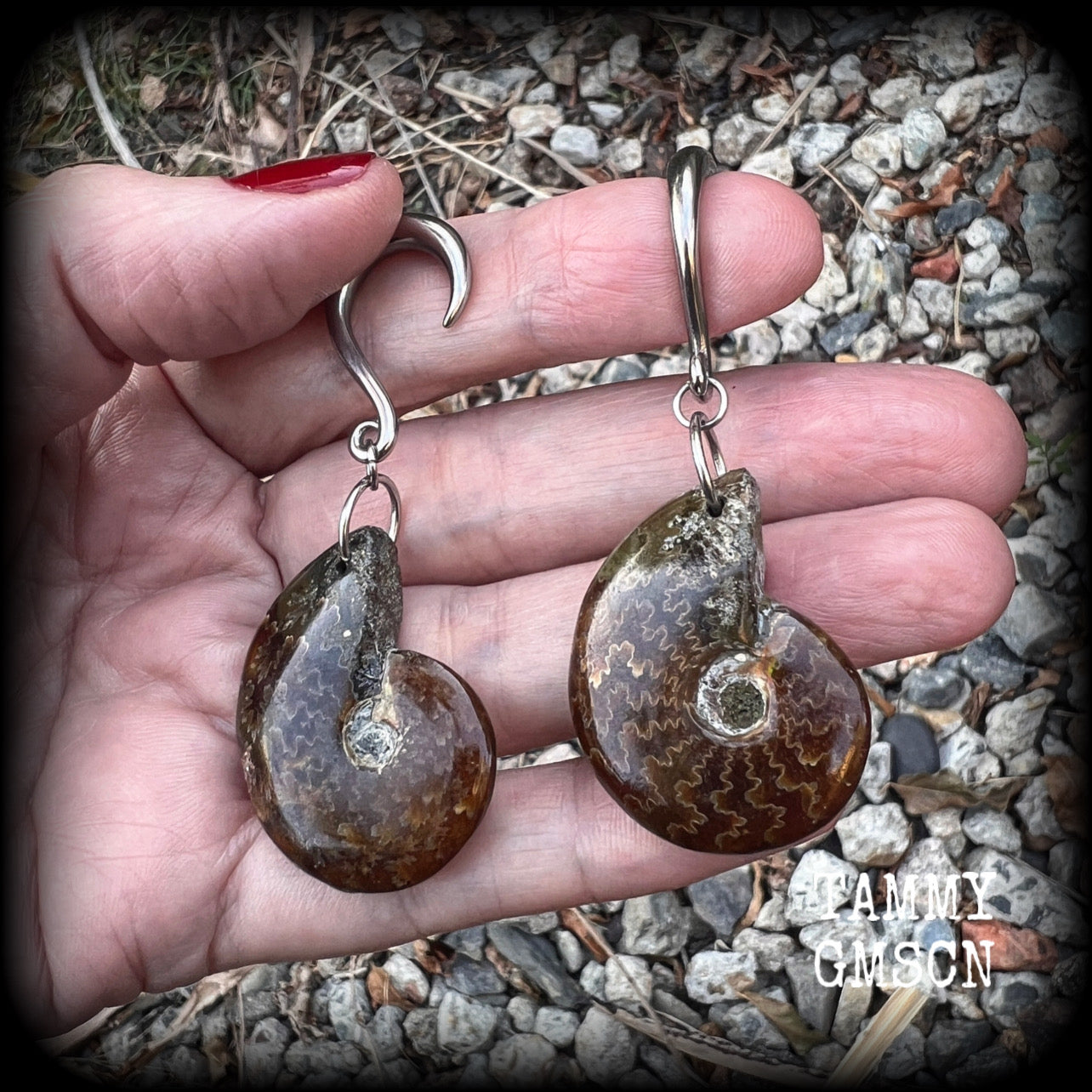 Ammonite jewelry Fossil ear weights Ammonite ear hangers 6 gauge body jewellery Stretched ears Stretched lobes Fossil ear hangers Ear gauges Moss goth jewelry