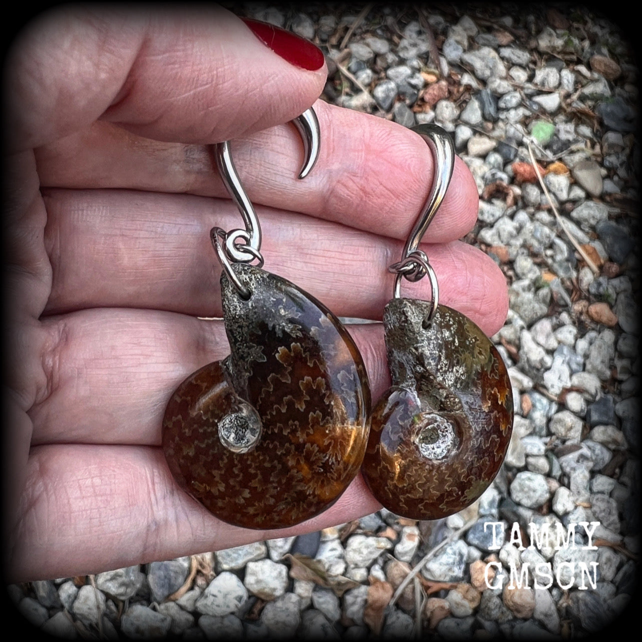 Ammonite jewelry Fossil ear weights Ammonite ear hangers 6 gauge body jewellery Stretched ears Stretched lobes Fossil ear hangers Ear gauges Moss goth jewelry