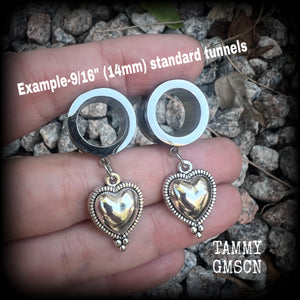 Silver heart tunnel earrings-Folk art heart ear gauges