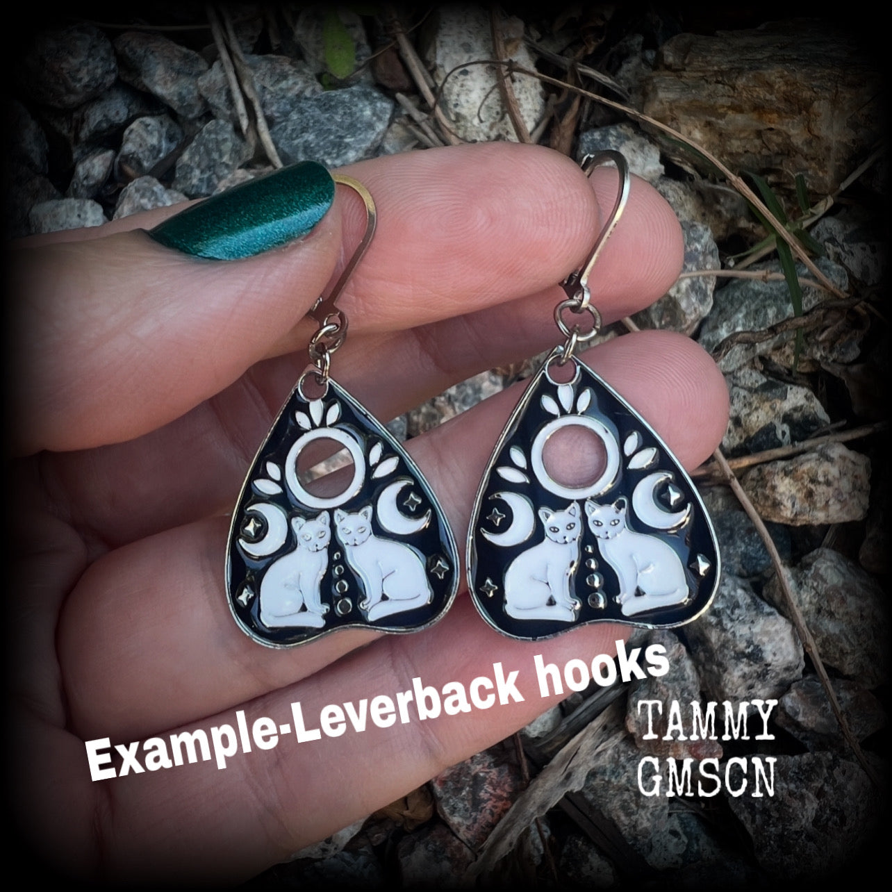 Occult cat planchette earrings-Silver