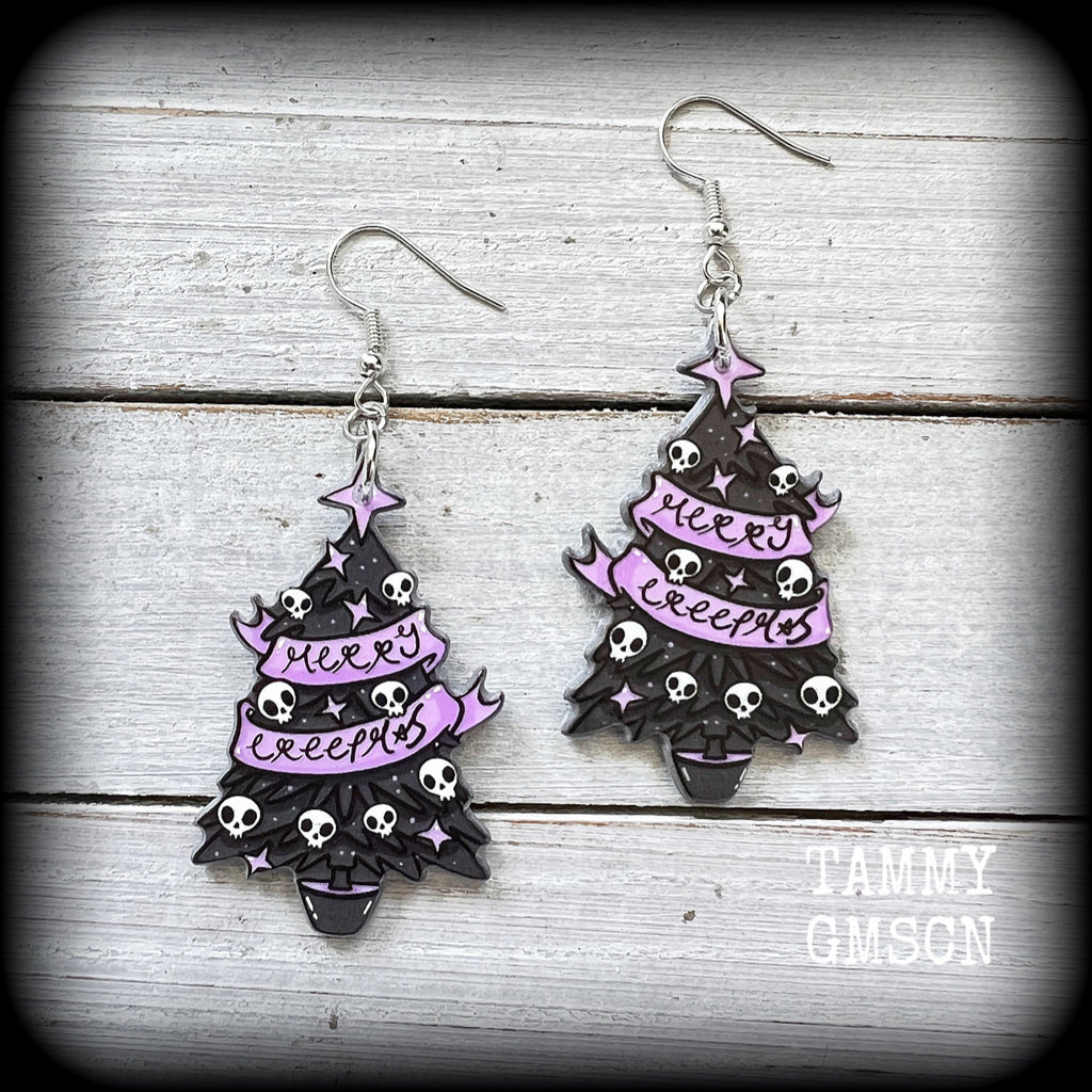 Christmas earrings Skull earrings Gothic Christmas earrings Black Friday Krampus earrings Stocking stuffers Spooky cute Pastel goth Acrylic earrings Festive season Yule Summer solstice jewelry Yuletide earrings Pierced ears Clip ons Gifts for goths