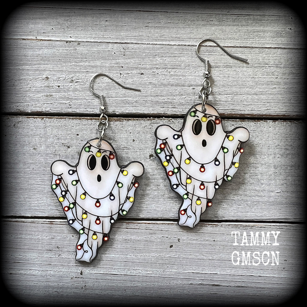 Ghost earrings Christmas decorations earrings Christmas tree lights Christmas tree Spooky cute earrings Gothic earrings Gothic jewelry Pastel goth earrings Secret santa Stocking stuffers Spectre Supernatural Ouija board Spirits Pierced ears Tunnels