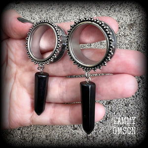 Ornate Obsidian gemstone tunnel dangles-Large lobes