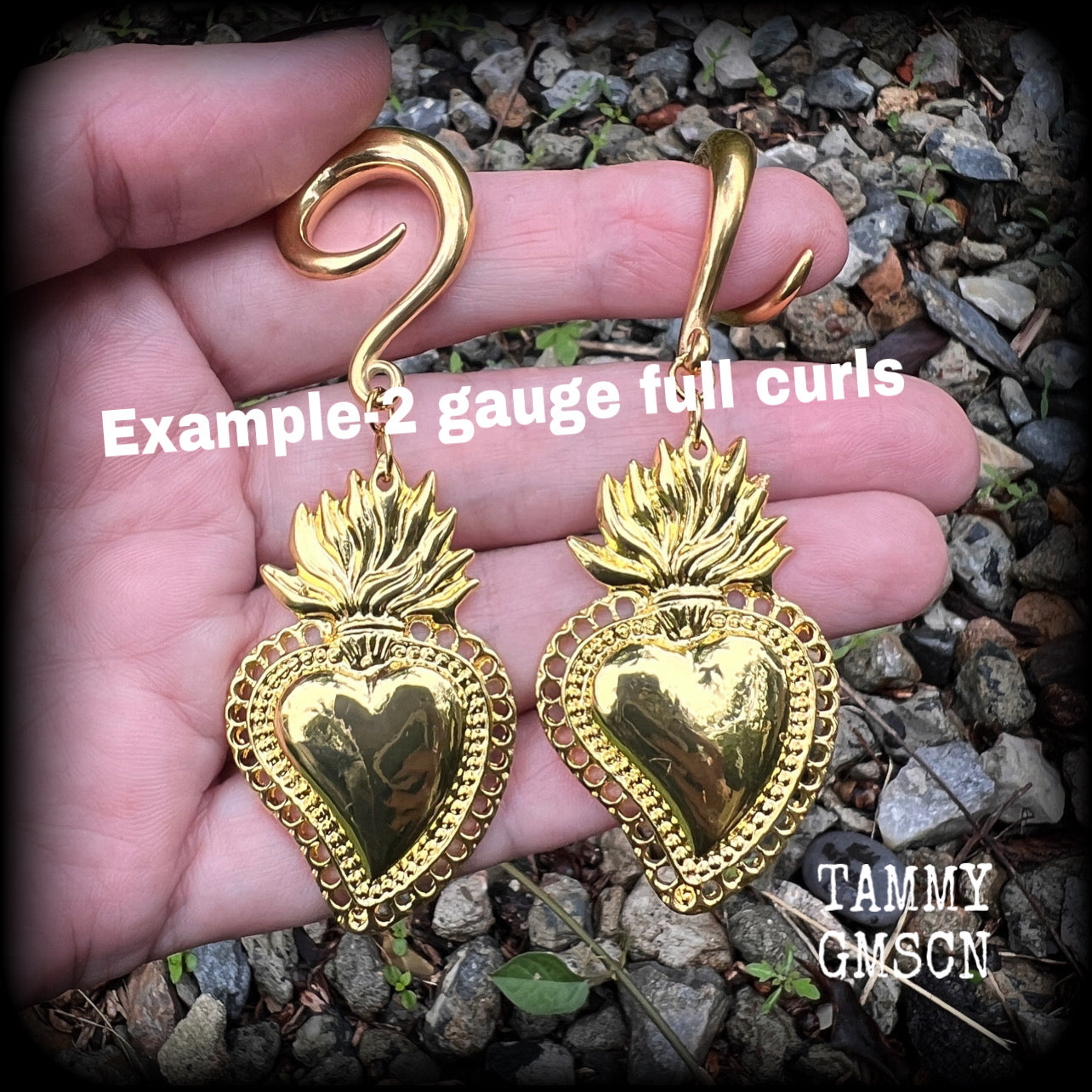 Antique gold sacred heart flaming heart ear hangers for stretched lobes, available on a range of hooks from 4mm up to 30mm.