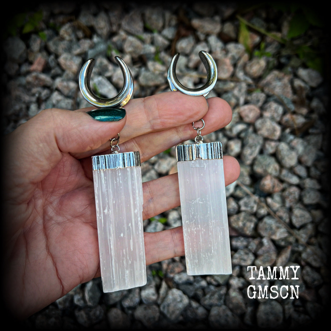 These gorgeous gauged earrings feature beautiful big selenite pieces, measuring just over 10cms from tip to tip, and weighing approx 25grams each.  This pair have been made on 3/4” gauge (19mm) surgical steel cradles, to be worn in stretched lobes.