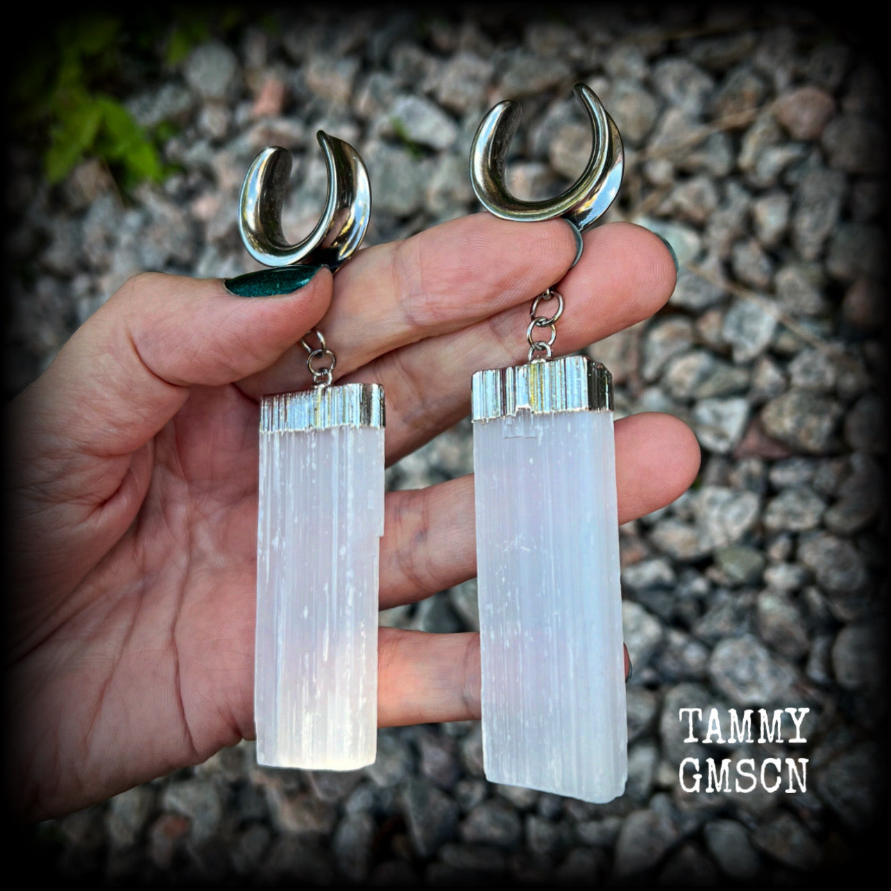 These gorgeous gauged earrings feature beautiful big selenite pieces, measuring just over 10cms from tip to tip, and weighing approx 25grams each.  This pair have been made on 3/4” gauge (19mm) surgical steel cradles, to be worn in stretched lobes.