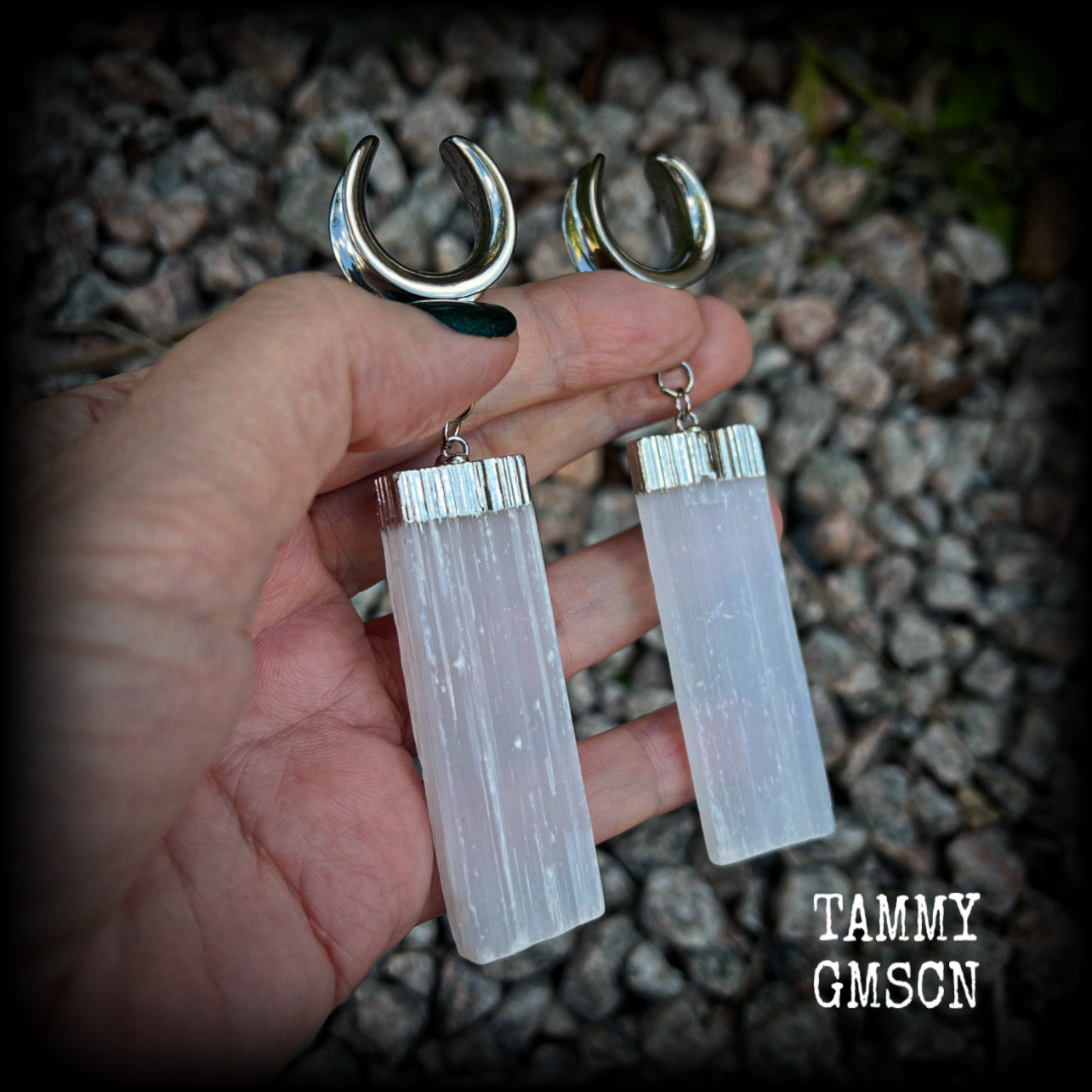 These gorgeous gauged earrings feature beautiful big selenite pieces, measuring just over 10cms from tip to tip, and weighing approx 25grams each.  This pair have been made on 3/4” gauge (19mm) surgical steel cradles, to be worn in stretched lobes.