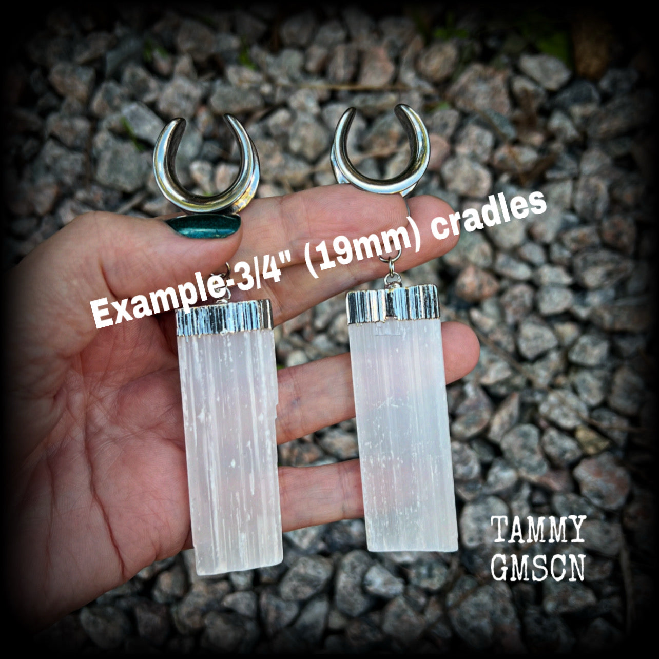 These gorgeous gauged earrings feature beautiful big selenite pieces, measuring just over 10cms from tip to tip, and weighing approx 25grams each.  This pair have been made on 3/4” gauge (19mm) surgical steel cradles, to be worn in stretched lobes.