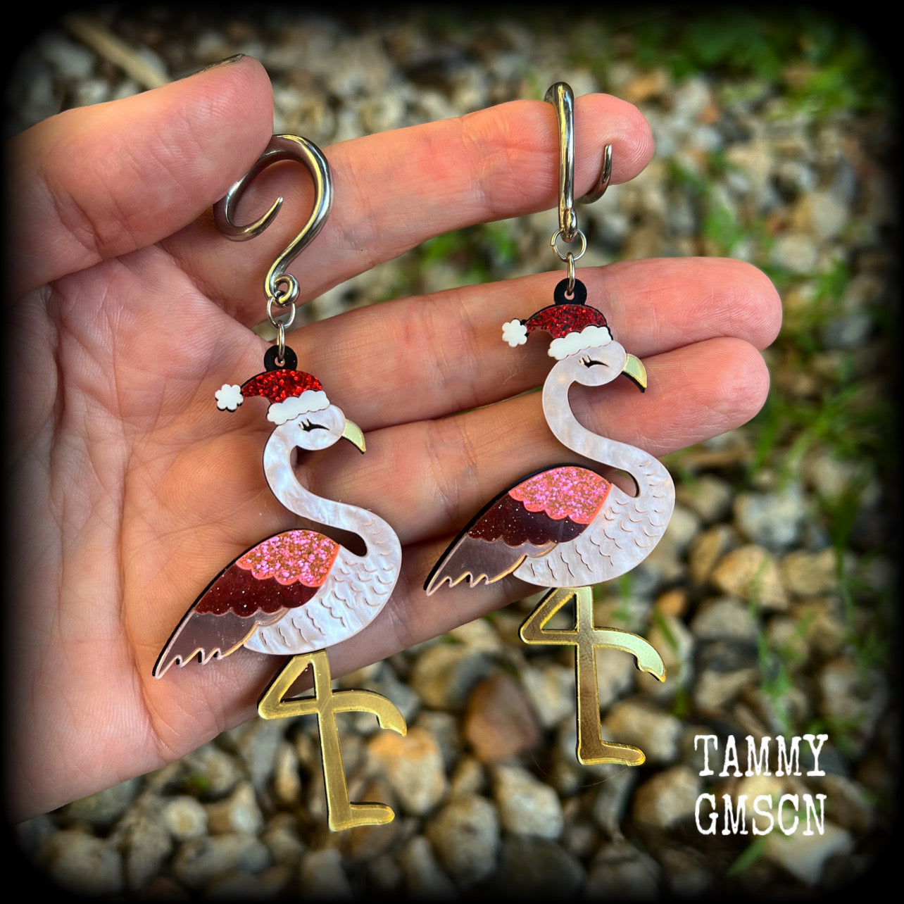 Pink flamingo earrings Kitsch Christmas 6 gauge ear weights Ear hangers Gauged earrings Stretched lobes Gauged ears Stretched ears Christmas body jewelry Kitsch earrings Christmas jewelry 4mm 6mm 8mm 10mm 12mm 14mm 16mm 19mm 22mm 25mm 28mm 30mm