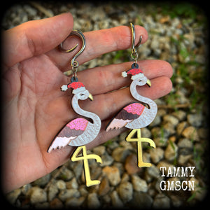 Pink flamingo earrings Kitsch Christmas 6 gauge ear weights Ear hangers Gauged earrings Stretched lobes Gauged ears Stretched ears Christmas body jewelry Kitsch earrings Christmas jewelry 4mm 6mm 8mm 10mm 12mm 14mm 16mm 19mm 22mm 25mm 28mm 30mm