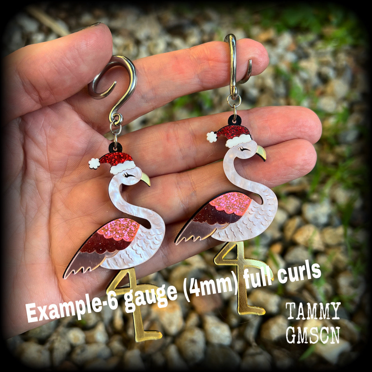 Pink flamingo earrings Kitsch Christmas 6 gauge ear weights Ear hangers Gauged earrings Stretched lobes Gauged ears Stretched ears Christmas body jewelry Kitsch earrings Christmas jewelry 4mm 6mm 8mm 10mm 12mm 14mm 16mm 19mm 22mm 25mm 28mm 30mm