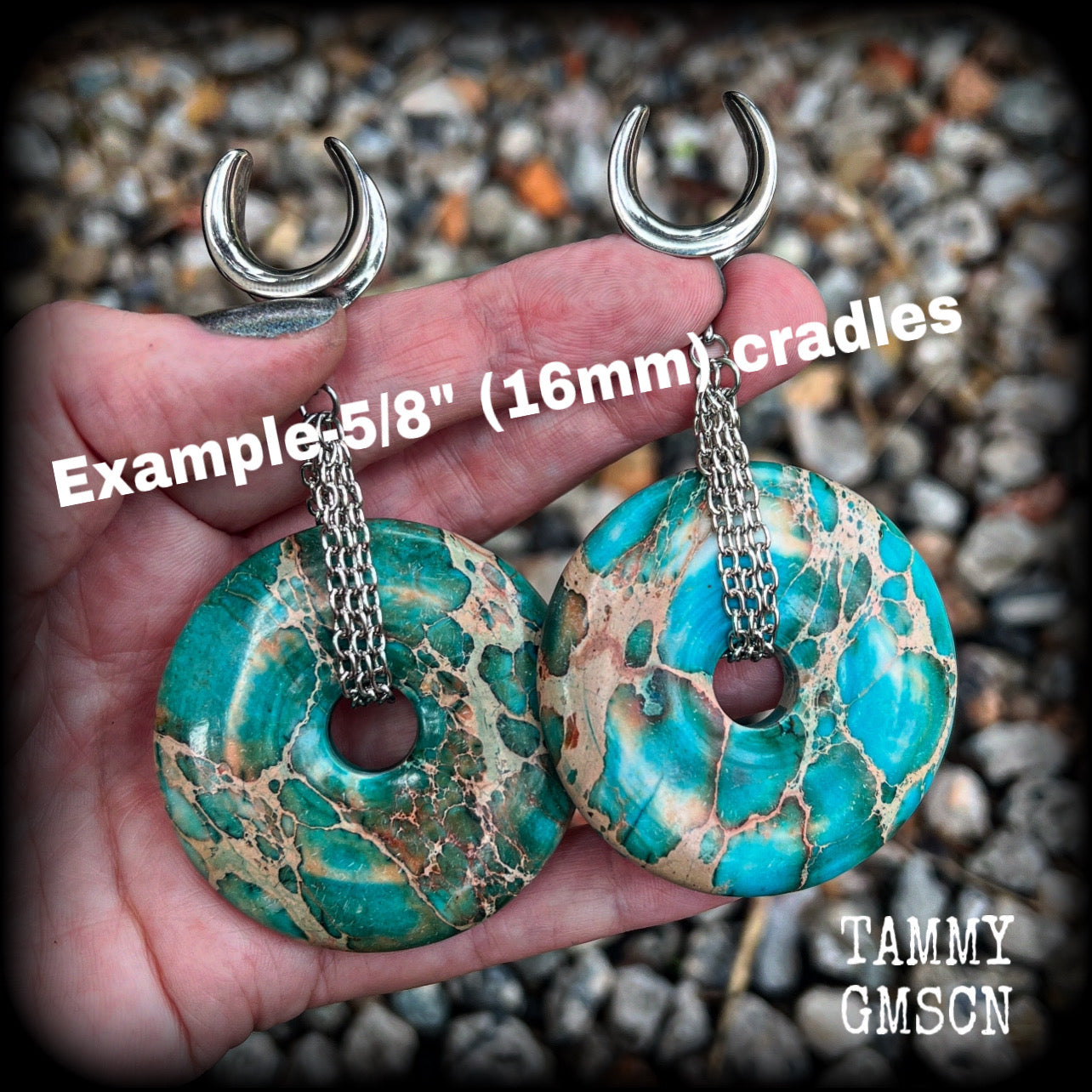 These ear weights have been made with gorgeous Turquoise ocean jasper donut gemstones and antique silver chain, measuring just over 9cms from tip to tip, and weighing approx 41grams each.
This pair have been made on 5/8" (16mm) surgical steel cradles hooks, to be worn in stretched lobes.