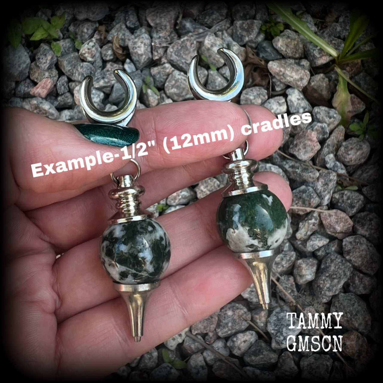 Moss jasper ear weights-Gemstone ear hangers