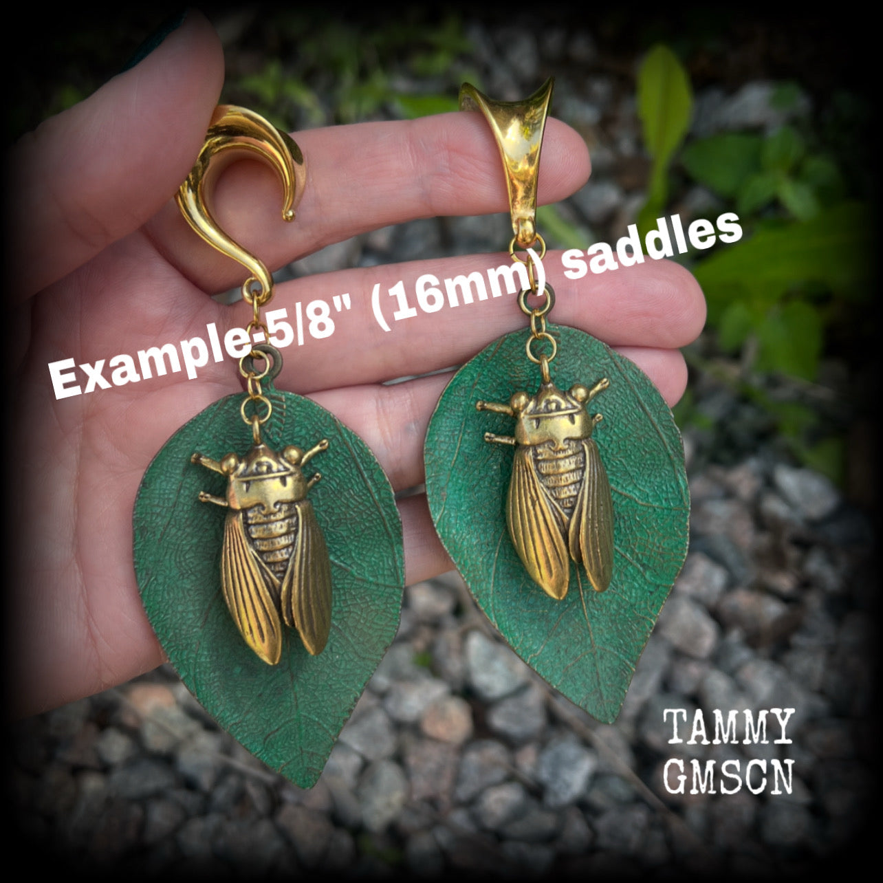 Cicada and leaf gauged earrings-Insect ear hangers