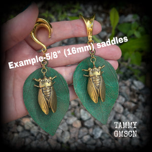 Cicada and leaf gauged earrings-Insect ear hangers