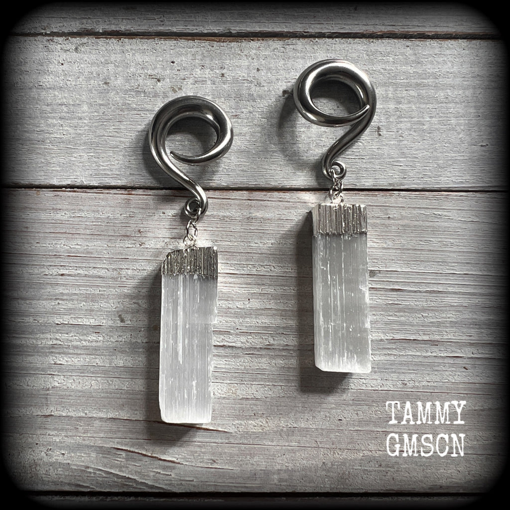 Selenite gauged earrings-Hanging gauges