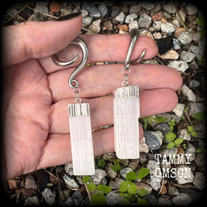 Selenite gauged earrings-Hanging gauges