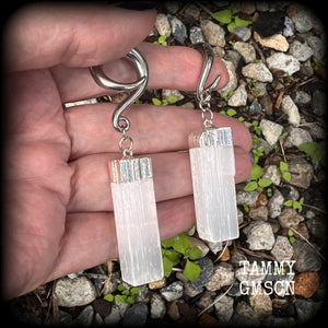 Selenite gauged earrings-Hanging gauges