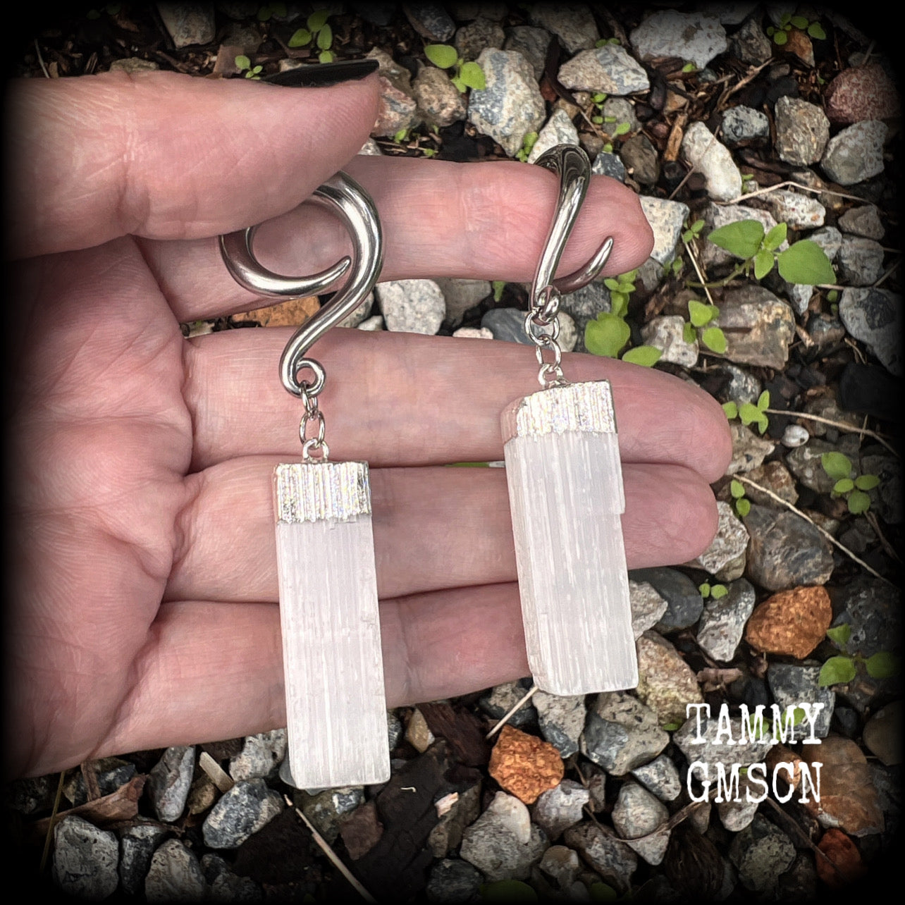 Selenite gauged earrings-Hanging gauges