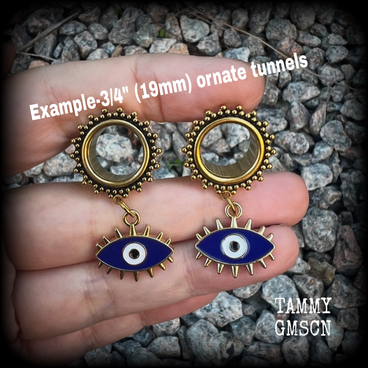 These stunning tunnel earrings feature gorgeous blue and white enamel and antique gold turkish evil eye charms, are nice and lightweight, weighing approx 10 grams each, measuring approx 5cms from tip to tip.

This pair has been made on 3/4” (19mm) gauge ornate surgical steel screw fit tunnels.