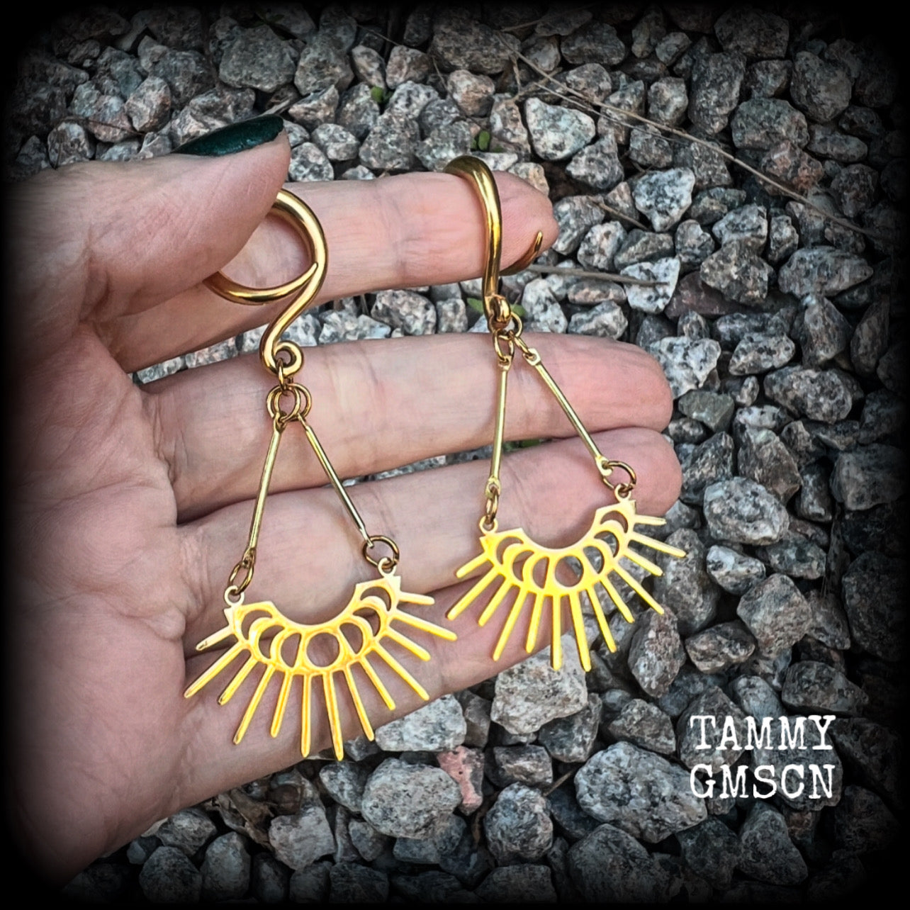 These beautiful witchy titanium 'Moon phase' gauged earrings feature gorgeous antique gold moon phase pendants with sun rays, nice and dangly, measuring just over 7.5cms from tip to tip, and weighing only 5 grams a piece .  This pair has been made on 6 gauge (4mm) surgical steel full curl hooks, to be worn in stretched lobes.