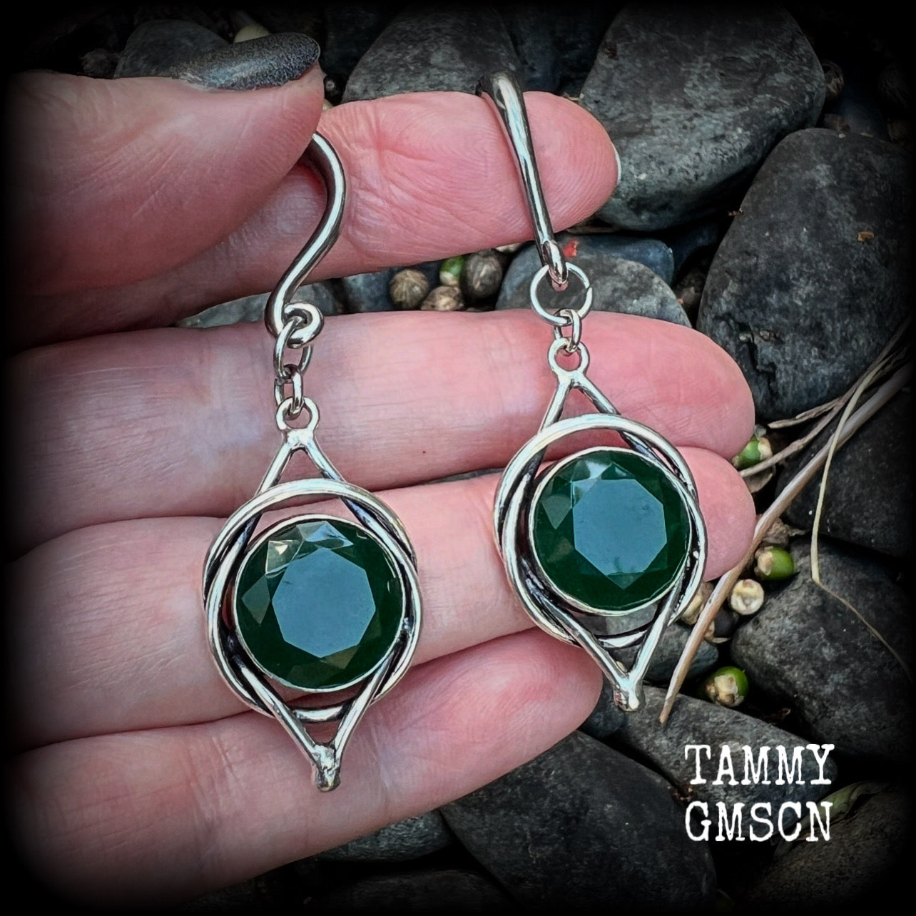 These gorgeous gauged earrings feature a pair of stunning sea green quartz gemstones in a beautiful antique silver boho setting, lovely and dangly measuring approx 6.5cms from tip to tip, and weigh approx 7 grams each.
 This pair has been made on 6 gauge (4mm) surgical steel half curl hooks, suitable for stretched lobes.