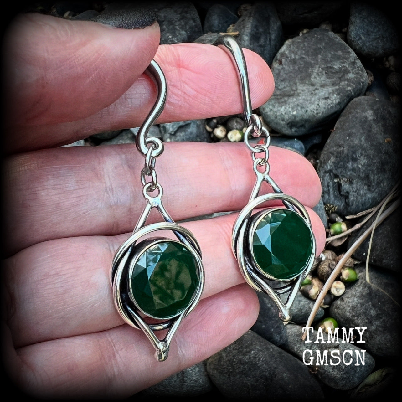 These gorgeous gauged earrings feature a pair of stunning sea green quartz gemstones in a beautiful antique silver boho setting, lovely and dangly measuring approx 6.5cms from tip to tip, and weigh approx 7 grams each.
 This pair has been made on 6 gauge (4mm) surgical steel half curl hooks, suitable for stretched lobes.