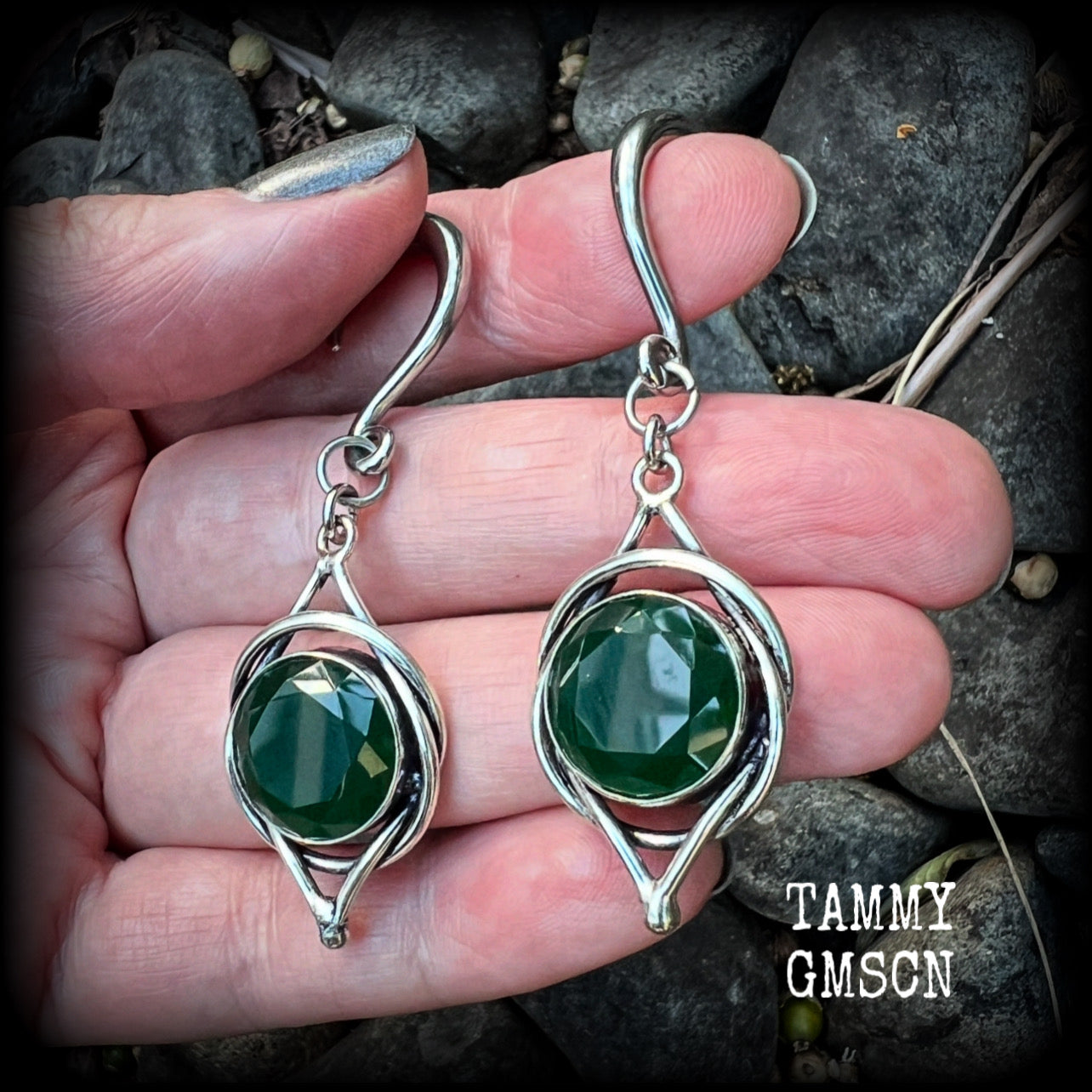 These gorgeous gauged earrings feature a pair of stunning sea green quartz gemstones in a beautiful antique silver boho setting, lovely and dangly measuring approx 6.5cms from tip to tip, and weigh approx 7 grams each.
 This pair has been made on 6 gauge (4mm) surgical steel half curl hooks, suitable for stretched lobes.