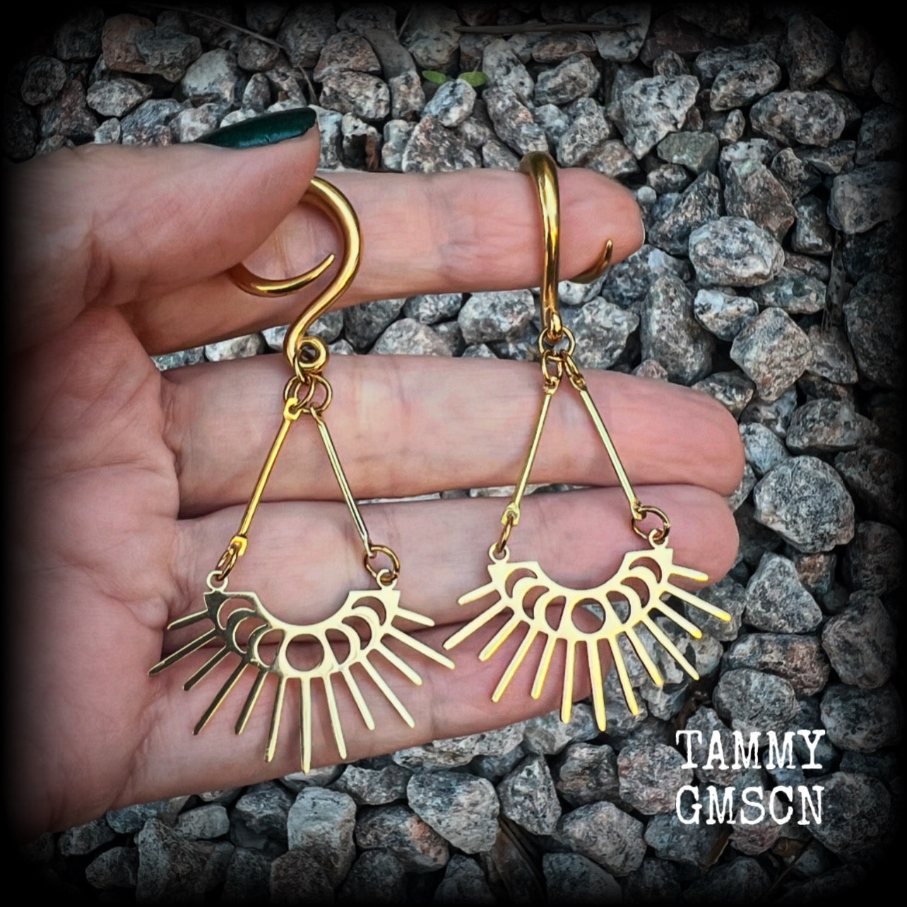 These beautiful witchy titanium 'Moon phase' gauged earrings feature gorgeous antique gold moon phase pendants with sun rays, nice and dangly, measuring just over 7.5cms from tip to tip, and weighing only 5 grams a piece .  This pair has been made on 6 gauge (4mm) surgical steel full curl hooks, to be worn in stretched lobes.