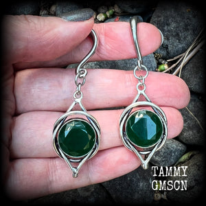 These gorgeous gauged earrings feature a pair of stunning sea green quartz gemstones in a beautiful antique silver boho setting, lovely and dangly measuring approx 6.5cms from tip to tip, and weigh approx 7 grams each.
 This pair has been made on 6 gauge (4mm) surgical steel half curl hooks, suitable for stretched lobes.