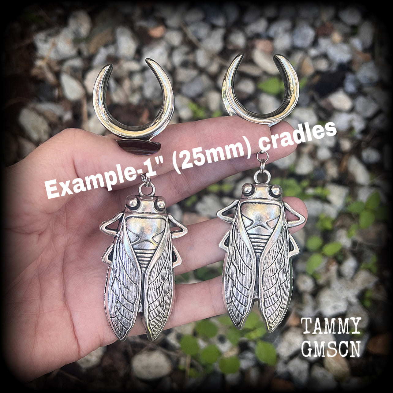 Silver cicada gauged earrings-Insect ear hangers