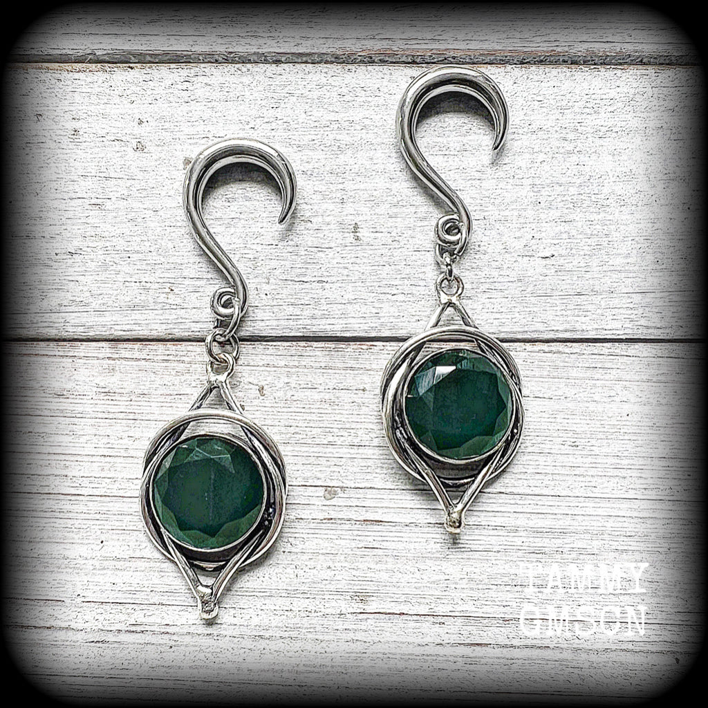 These gorgeous gauged earrings feature a pair of stunning sea green quartz gemstones in a beautiful antique silver boho setting, lovely and dangly measuring approx 6.5cms from tip to tip, and weigh approx 7 grams each.
 This pair has been made on 6 gauge (4mm) surgical steel half curl hooks, suitable for stretched lobes.
