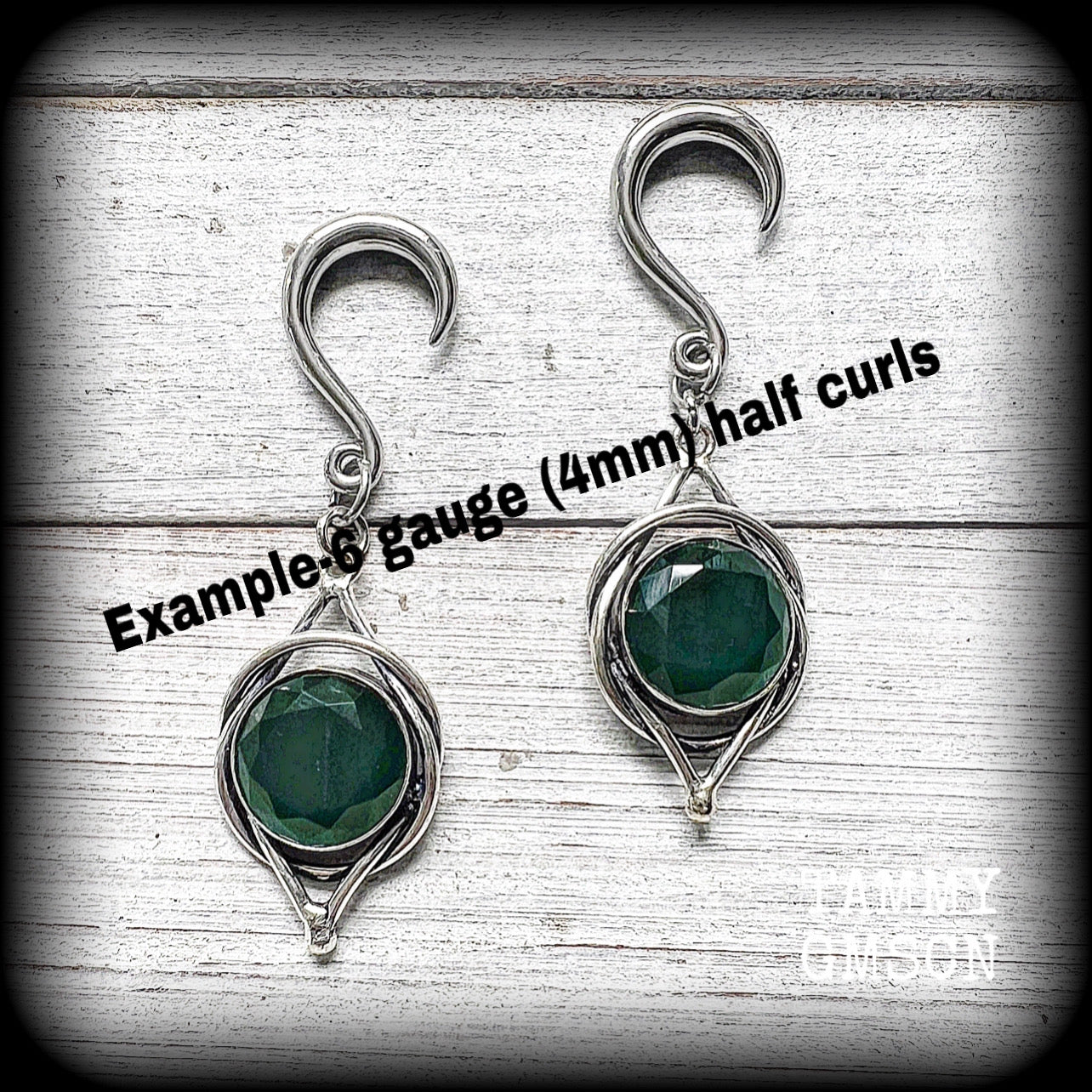 These gorgeous gauged earrings feature a pair of stunning sea green quartz gemstones in a beautiful antique silver boho setting, lovely and dangly measuring approx 6.5cms from tip to tip, and weigh approx 7 grams each.
 This pair has been made on 6 gauge (4mm) surgical steel half curl hooks, suitable for stretched lobes.