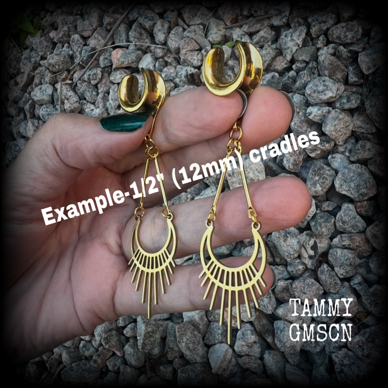 Inspired by Ishtar, Mesopotamian Goddess of love, beauty, sex and war, this beautiful pair of earrings features a golden stainless steel crescent moon with sunrays,  measuring just on 8cms from tip to tip, and weighing only 5 grams a piece.

This pair has been made on 1/2” gauge (12mm) surgical steel cradles, to be worn in stretched lobes.