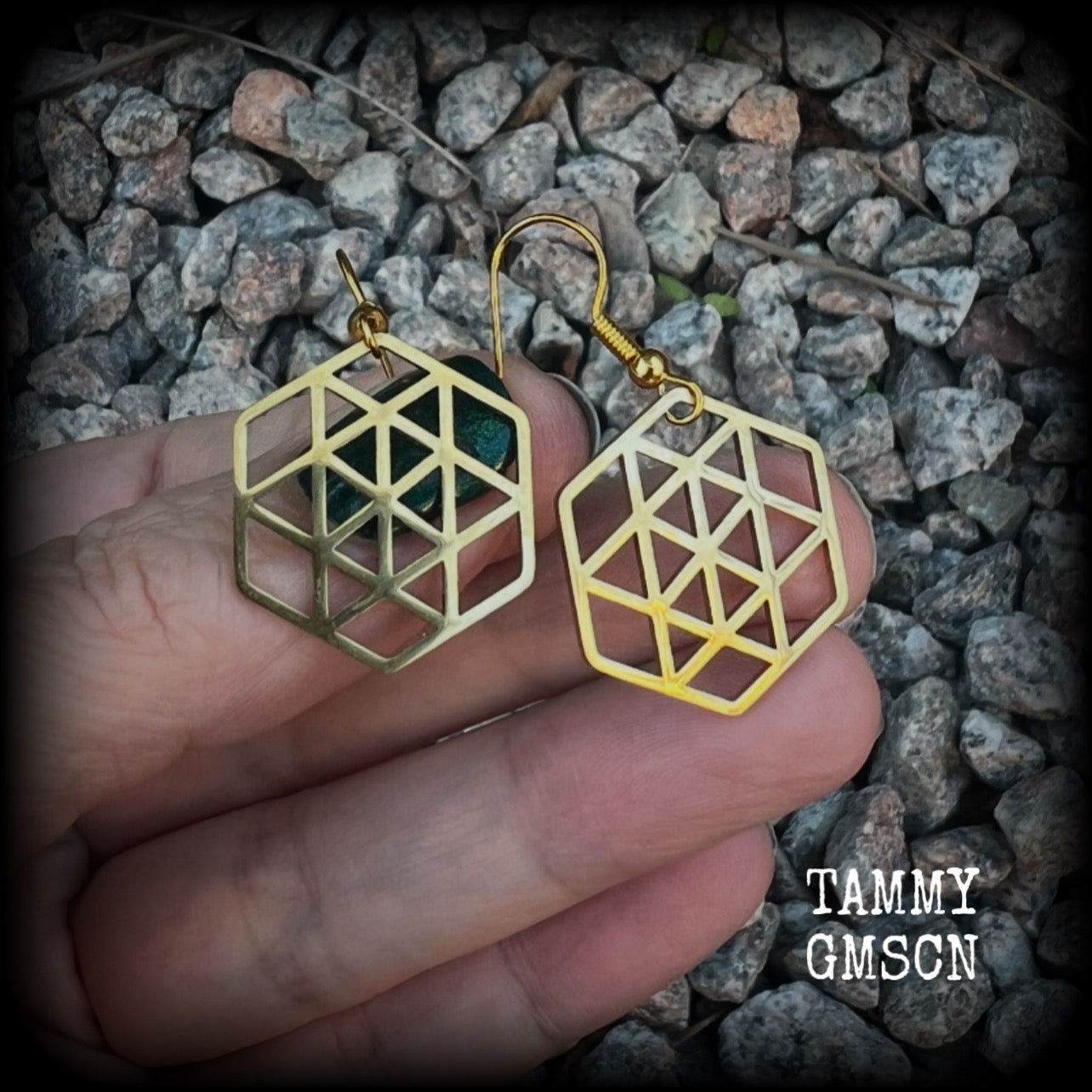 These gorgeous geometric earrings feature beautiful minimalist stainless steel hexagon pendants, measuring approx 5cms from tip to tip and weighing only a gram or two each, nice and light weight.  This pair have been made on antique gold french hooks, suitable for pierced ears.