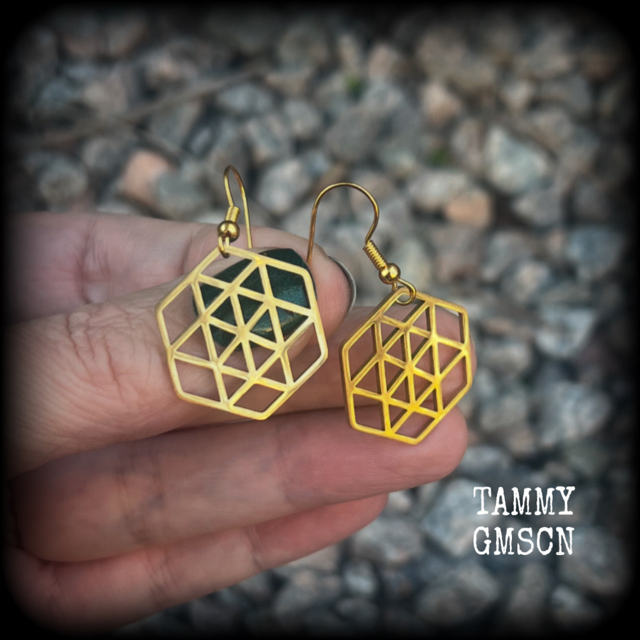 These gorgeous geometric earrings feature beautiful minimalist stainless steel hexagon pendants, measuring approx 5cms from tip to tip and weighing only a gram or two each, nice and light weight.  This pair have been made on antique gold french hooks, suitable for pierced ears.
