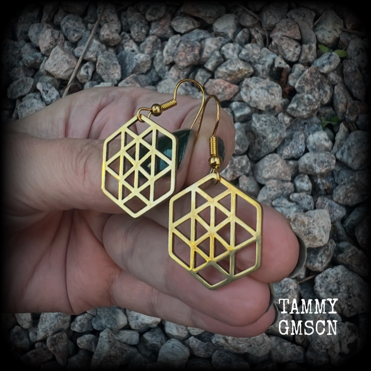 These gorgeous geometric earrings feature beautiful minimalist stainless steel hexagon pendants, measuring approx 5cms from tip to tip and weighing only a gram or two each, nice and light weight.  This pair have been made on antique gold french hooks, suitable for pierced ears.
