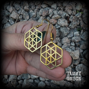 These gorgeous geometric earrings feature beautiful minimalist stainless steel hexagon pendants, measuring approx 5cms from tip to tip and weighing only a gram or two each, nice and light weight.  This pair have been made on antique gold french hooks, suitable for pierced ears.