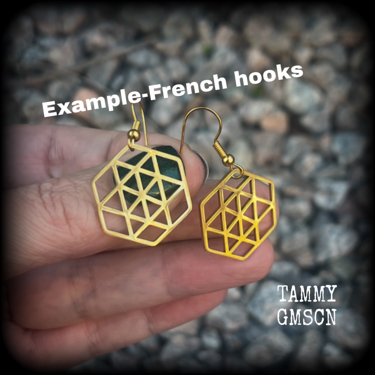 These gorgeous geometric earrings feature beautiful minimalist stainless steel hexagon pendants, measuring approx 5cms from tip to tip and weighing only a gram or two each, nice and light weight.  This pair have been made on antique gold french hooks, suitable for pierced ears.