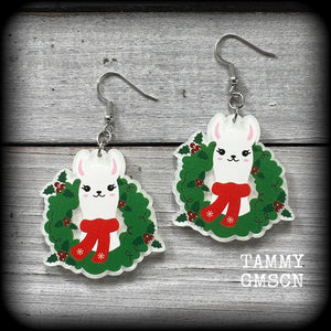 Llama earrings-Christmas wreath earrings-Yule earrings