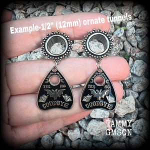 These gorgeous spooky tunnel dangles feature cute black enamel bat planchette charms, are nice and lightweight-weighing only 6 grams each and measure just under 5cms from tip to tip.  This pair have been made on 1/2” (12mm) gauge ornate surgical steel screw fit tunnels.