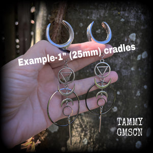 Geometric hoop and sigil gauged earrings-Inverted triangle occult earrings